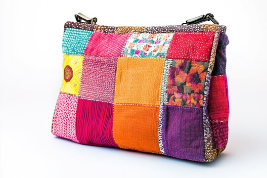 Colorful patchwork purse with vibrant patterns and textures