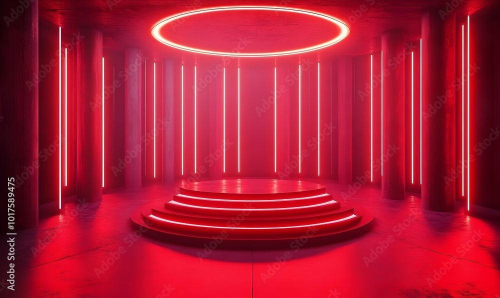 Poster futuristic light red room with glowing columns and circular podium for high-tech product presentatio