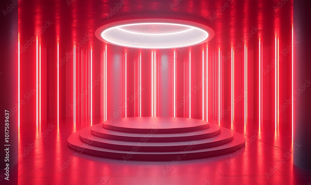 Poster futuristic light red room with glowing columns and circular podium for high-tech product presentatio