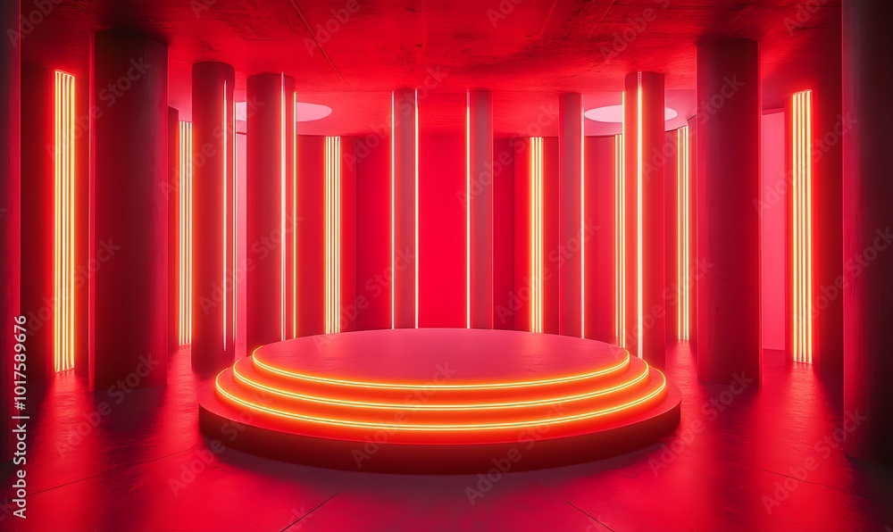 Poster futuristic light red room with glowing columns and circular podium for high-tech product presentatio