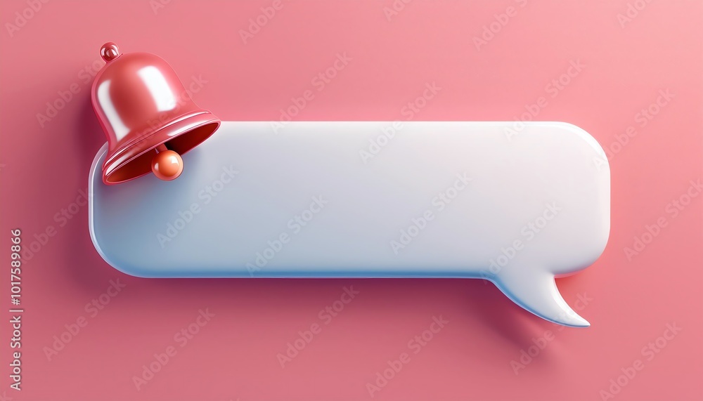 Poster a minimalistic design featuring a red bell and a speech bubble against a pink background, symbolizin