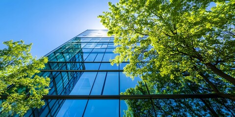 Glass building with green trees and blue sky in the background, eco-friendly office space concept, generative ai
