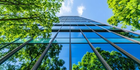 Glass building with green trees and blue sky in the background, eco-friendly office space concept, generative ai
