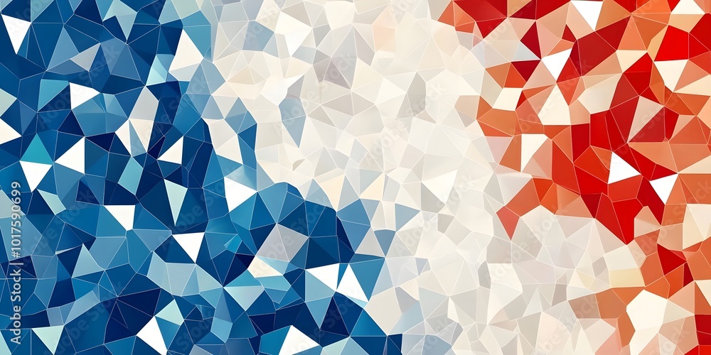 Poster background of geometric triangle shapes in various shades of white, blue and red, creating an abstra