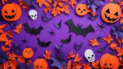 Fototapeta premium Halloween themed paper cutouts of pumpkins bats spiders and skulls on a vibrant purple backdrop