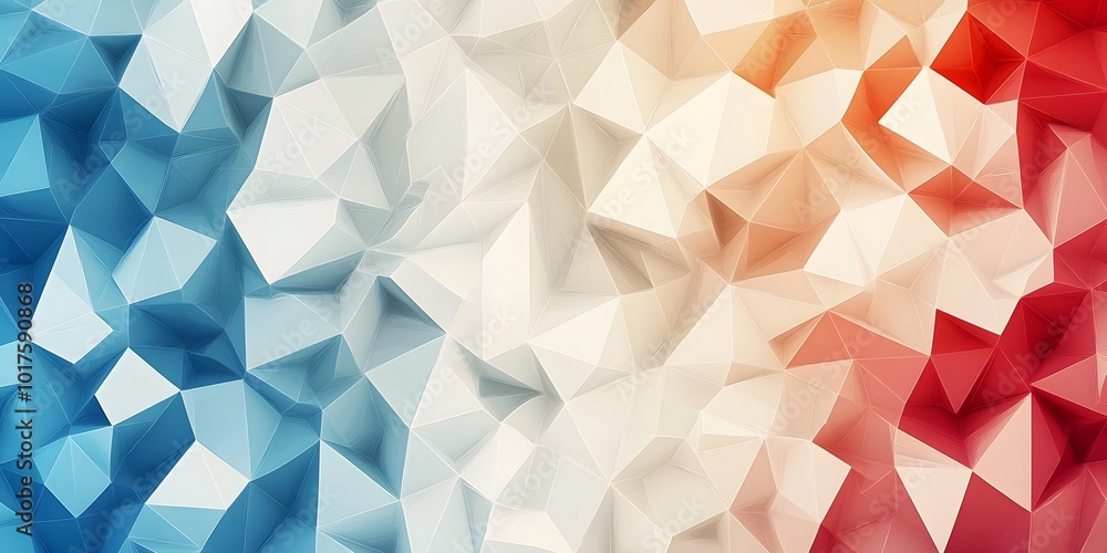 Poster background of geometric triangle shapes in various shades of white, blue and red, creating an abstra