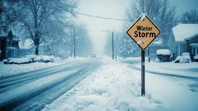 A "Winter Storm" warning sign stands firm amid heavy snow and a stormy sky, alerting residents to extreme winter weather.