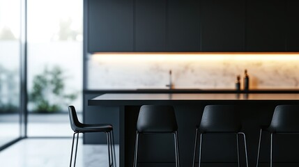 Modern kitchen with sleek design, featuring a dark color scheme and minimalist decor.