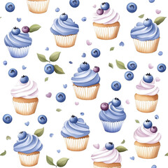 Watercolor seamless pattern of blueberry cupcakes on a white background, artistic and charming. PNG