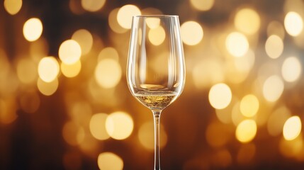 Elegant wine glass filled with sparkling white wine against a shimmering golden bokeh background during a festive celebration.