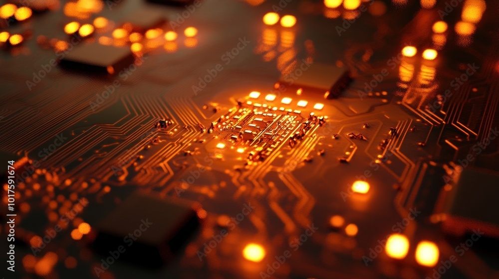 Poster close-up of a circuit board with glowing components, showcasing technological intricacies.