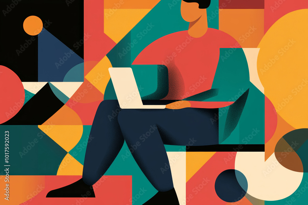 Poster a person works on a laptop while seated in a colorful abstract setting filled with geometric shapes 