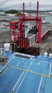Ship at berths ready to depart from the Shin Moji Port Terminal in Fukuoka, Japan