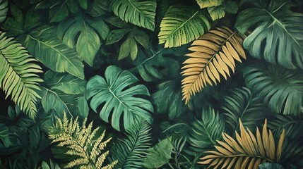 A vibrant oil painting of lush green tropical foliage with a single golden leaf.