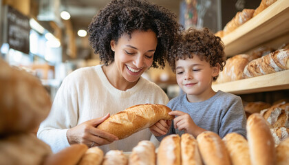Mother and son choosing bread smiling at the bakery