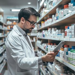 Young Pharmacist Checking Inventory in a Drugstore using a Tablet  A Story of Modern Healthcare