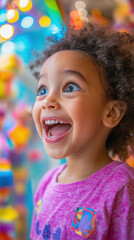 Little girl with big smile looking up in amazement