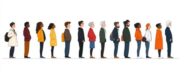 Diverse community of people standing in line - isolated cartoon men and women, Generative AI
