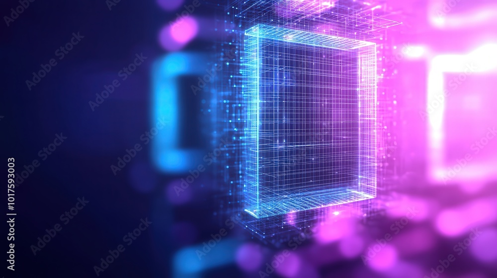 Poster abstract digital grid cube with neon lights and bokeh background futuristic technology c