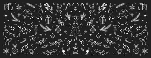 Christmas drawn holly line decor, pine branch, snowflake background. Hand drawn doodle sketch holly floral, christmas tree leaves, winter pine. Holiday ornament sketch doodle. Vector illustration © Polina Tomtosova