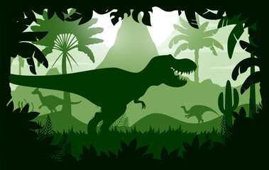 Prehistoric T Rex tyrannosaurus dinosaur silhouette in forest jungle, vector cartoon background. Prehistoric Jurassic giant T-rex lizard dinosaur in forest with volcano mountain and palms silhouette © Vector Tradition