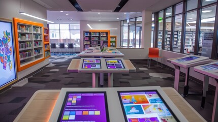 A high-tech library featuring touchscreen catalogs, e-books, and interactive learning stations for a modern reading experience.