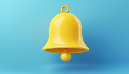 A vibrant yellow bell with a polished finish, suspended against a soft blue background, showcasing its simplistic yet eye-catching design.