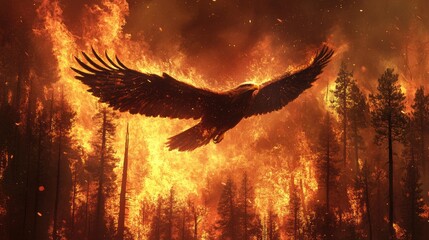 Fototapeta premium An eagle soars away from a forest fire, its wings spread wide as flames engulf the trees in the background, symbolizing survival.