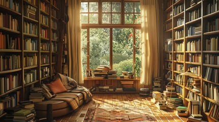 A serene library filled with rows of wooden bookshelves, each packed with books of all genres, and a cozy reading nook by the window