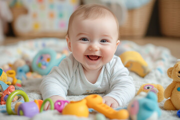 Adorable baby laughing while playing with toys