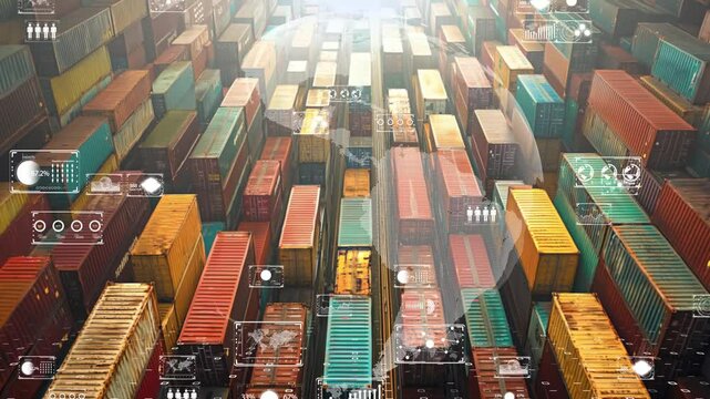 A futuristic view of global logistics with rows of shipping containers and holographic data interfaces displaying real-time trade information