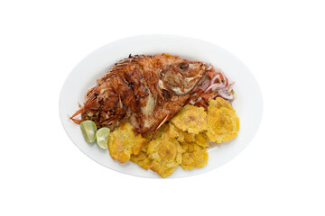 Fried fish with salad,lemon and patacones on white plate, Copy space.Sea fish