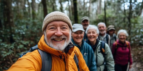Nature, selfie and senior friends hiking together in a forest while on an outdoor adventure. Happy, smile and portrait of a group of elderly people trekking in woods for wellness, Generative AI
