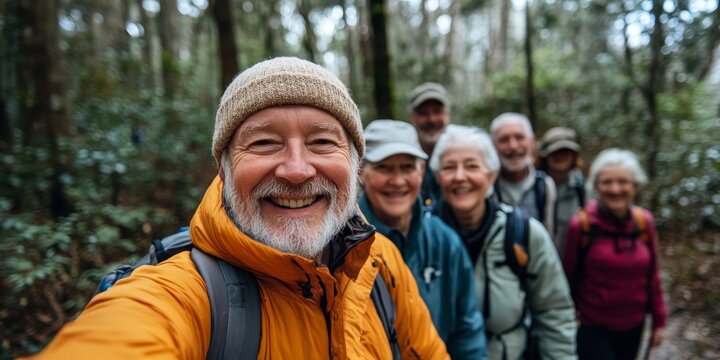 Nature, selfie and senior friends hiking together in a forest while on an outdoor adventure. Happy, smile and portrait of a group of elderly people trekking in woods for wellness, Generative AI