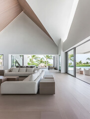 Fototapeta premium Modern living room with minimalist design and large windows overlooking a tropical landscape