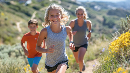 Fototapeta premium Happy family running on trail in the mountains having fun