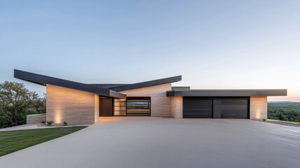 Obraz premium Modern architectural residence at dusk showcasing elegant design and landscape integration