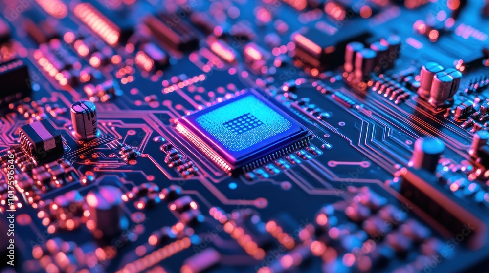 Poster close-up of a microchip on a circuit board, showcasing technology and electronic components.