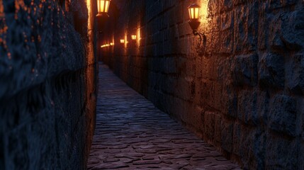 Cobblestone Alleyway with Stone Walls and Lantern Lights