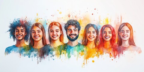 Group of diverse young people smiling together, positive and united, watercolor illustration on white background, diversity concept, Generative AI