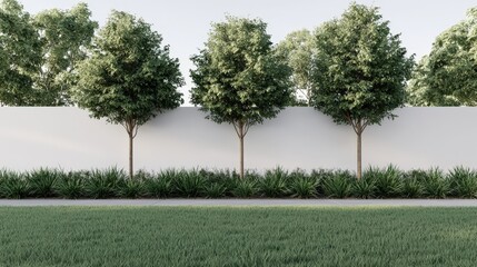 White Wall  Green Trees and Lush Grass Landscape Design