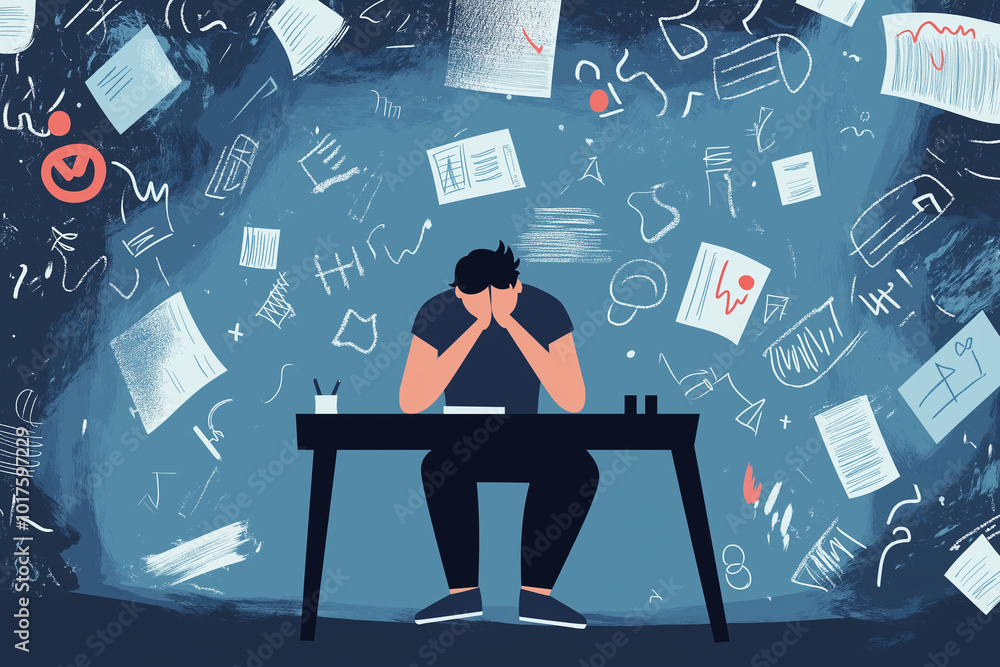 Wall mural Vector illustration of a frustrated worker sitting at a desk, overwhelmed with paperwork, symbolizing professional burnout syndrome and mental health problems. 