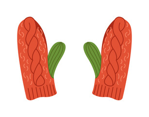 Pair of craft woolen winter mittens with green thumbs flat color vector object. Handmade cold weather accessories illustration on white