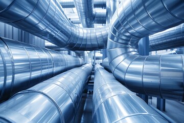 Obraz premium Industrial Piping System Complex Maze of Shiny Silver Tubes, Modern Concept of Network and Plumbing