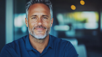 Obraz premium Smiling man in a blue shirt with a blurred background.