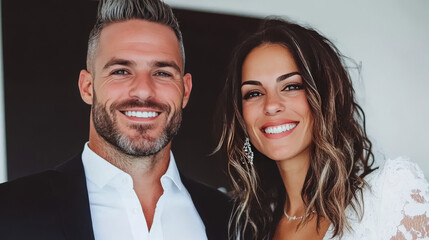 A happy couple, a man and woman, looking into the camera and smiling.
