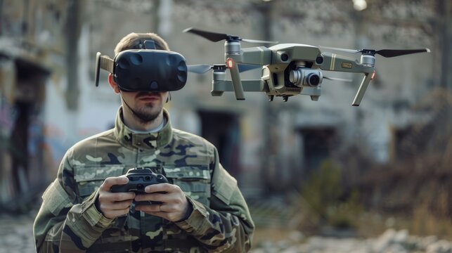 A man in a military uniform operates a drone using a virtual reality headset in an industrial setting. This futuristic image is ideal for technology, military, or surveillance-related themes.