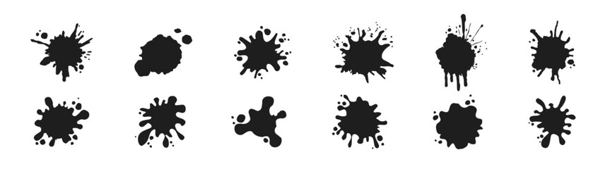 Black dripping ink. Blotter spots, liquid paint drip drop splash and ink splatter. Grunge liquid paint splashes and stains.