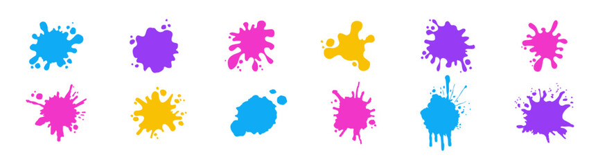 Paint splatter colorful set. Round ink flat splatter, decorative shapes liquids. Stain colored ink collection. 