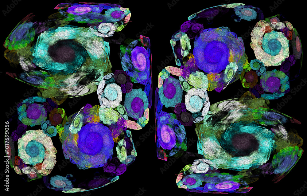 Poster spiral blurred patterns on a black background. imitation of oil painting. abstract fractal backgroun